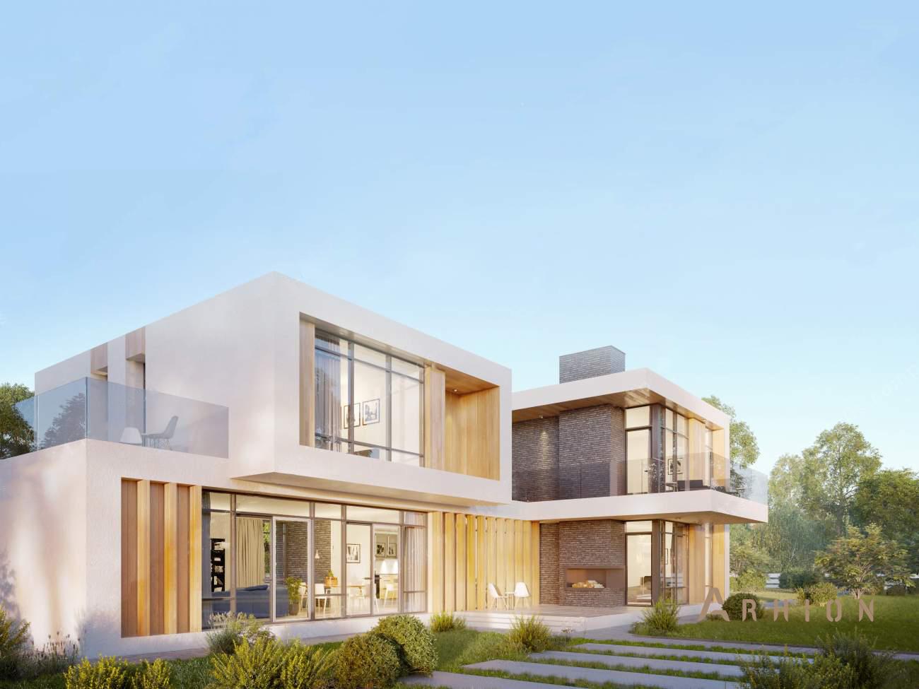 4. Проект двухэтажного дома в стиле хай-тек с плоской кровлей , rh-355, площадью - 355 кв c сауной, терассой, балконом, гаражом